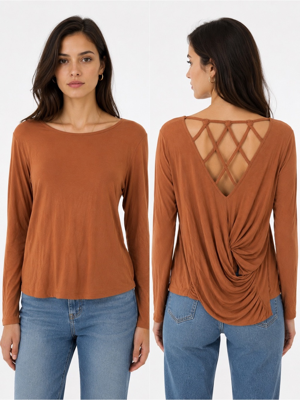 VENUS Women's Long Sleeve Crisscross Back Top - Rust Brown